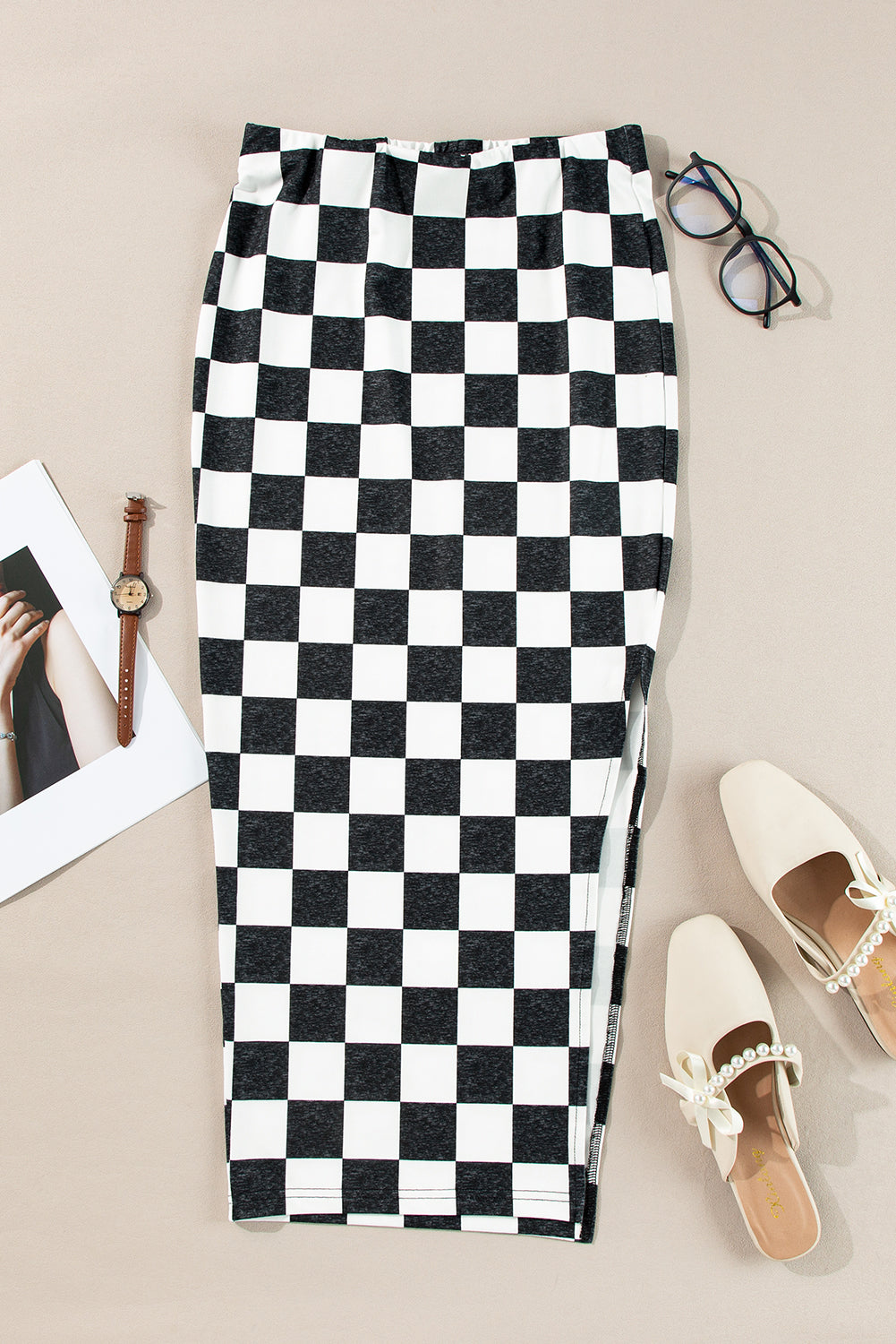 Stacey B's Rose Checkered Print Side Slit Slim Fit Midi Skirt