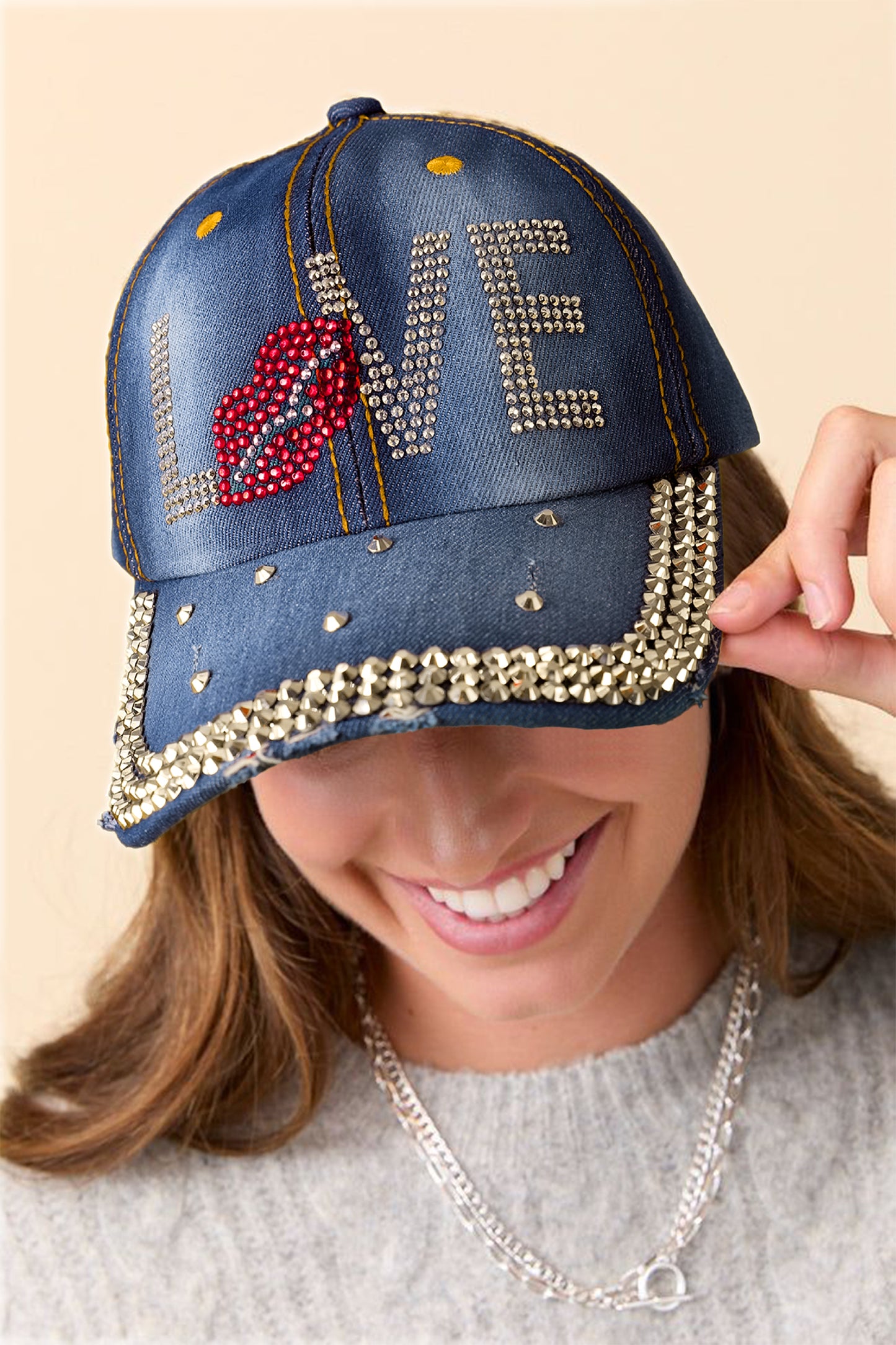 Stacey B's Ashleigh Blue Rhinestone Embellished LOVE Lip Denim Baseball Cap