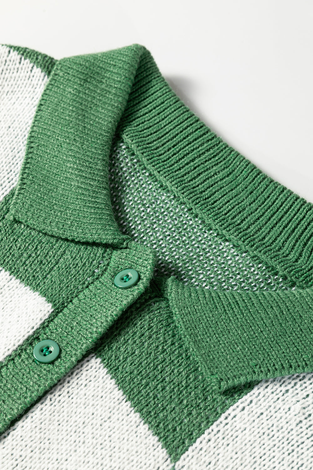 Stacey B's Mist Green Checkered Pattern Polo Collar Loose Sweater