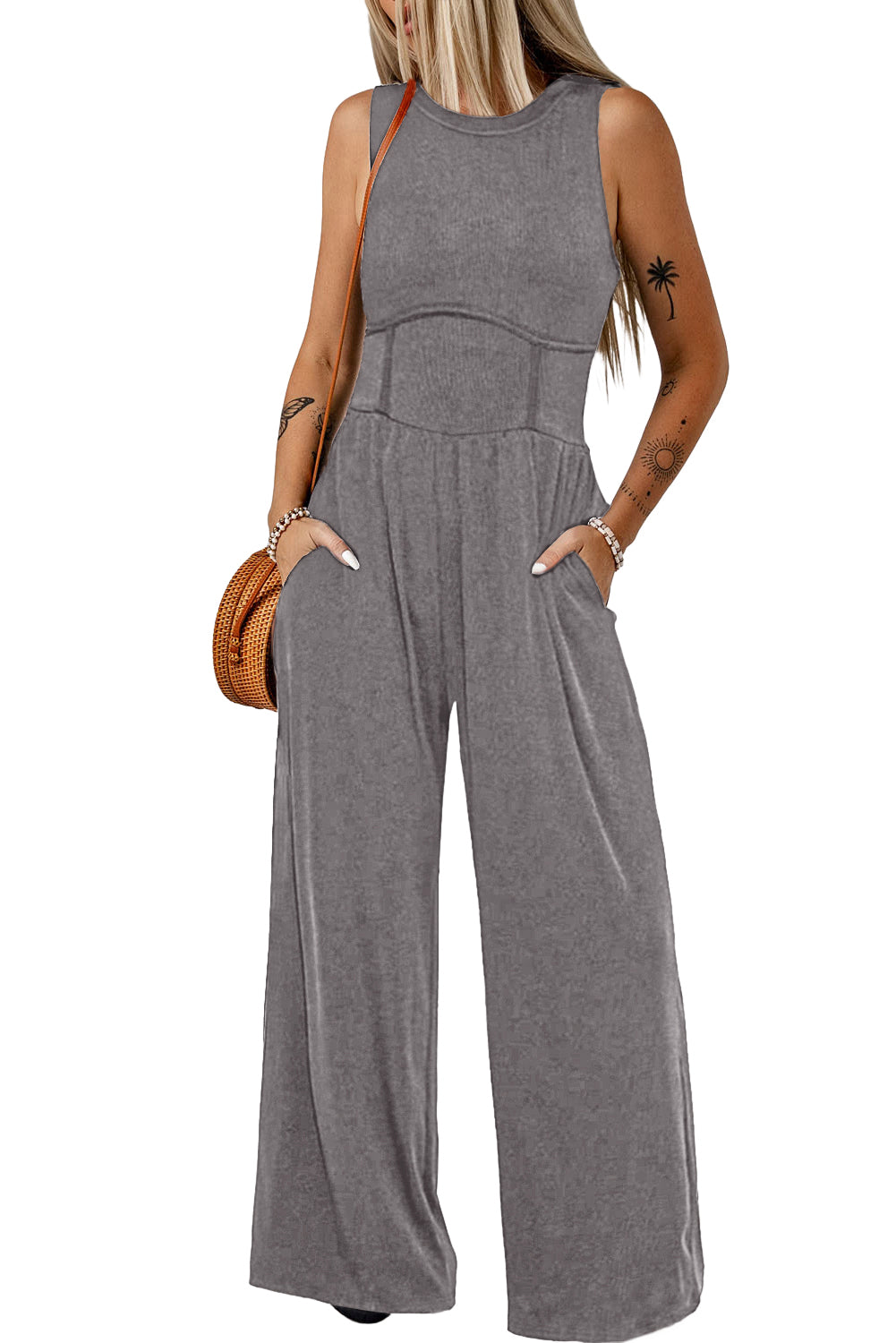 Stacey B's Blackish Green Sleeveless High Waist Wide Leg Jumpsuit