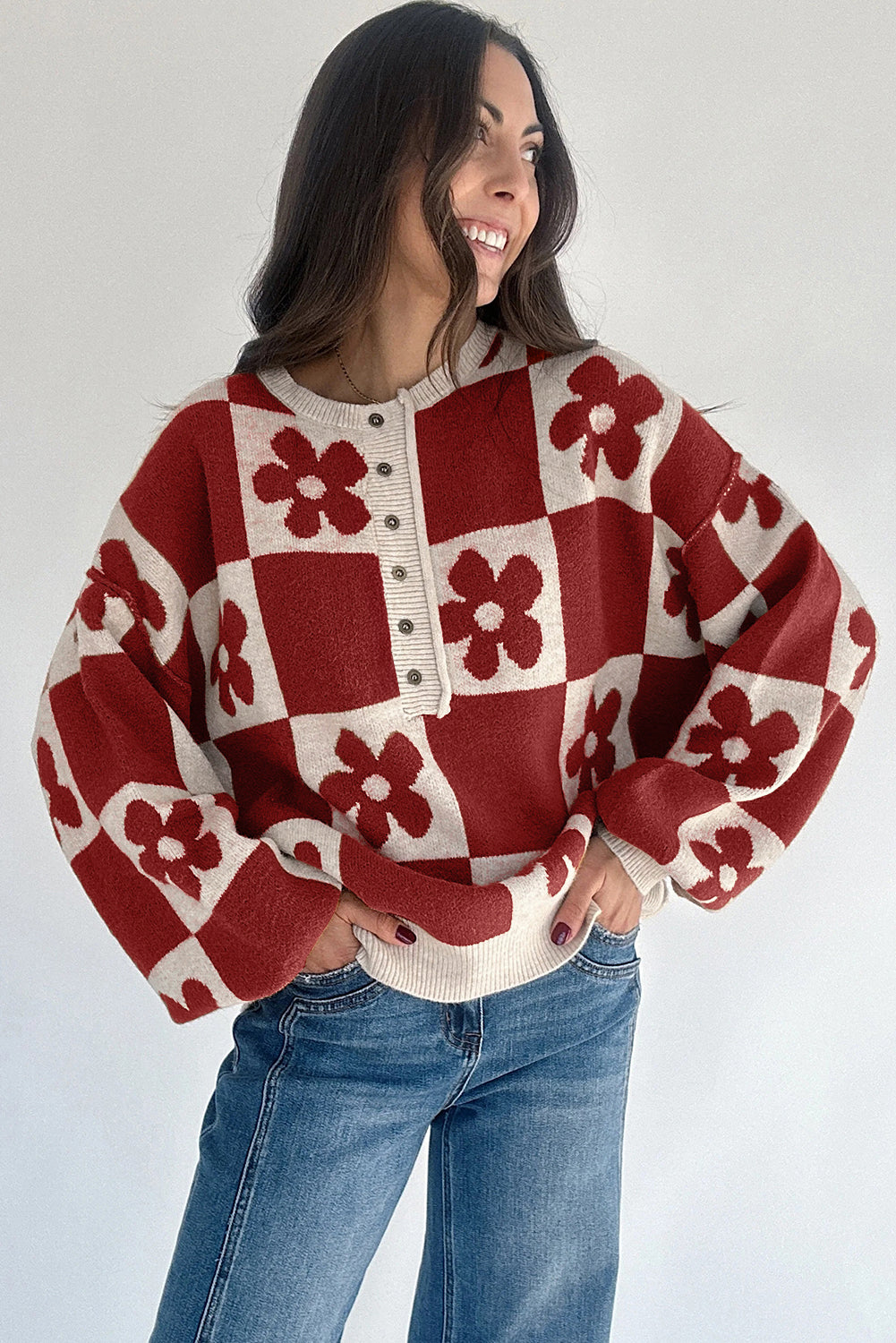 Stacey B's Black Flower Colorblock Checkered Henley Sweater
