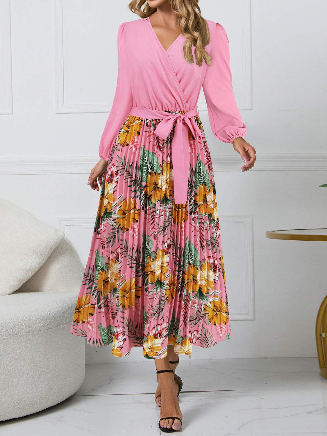 Stacey B's Pleated Printed Surplice Long Sleeve Dress