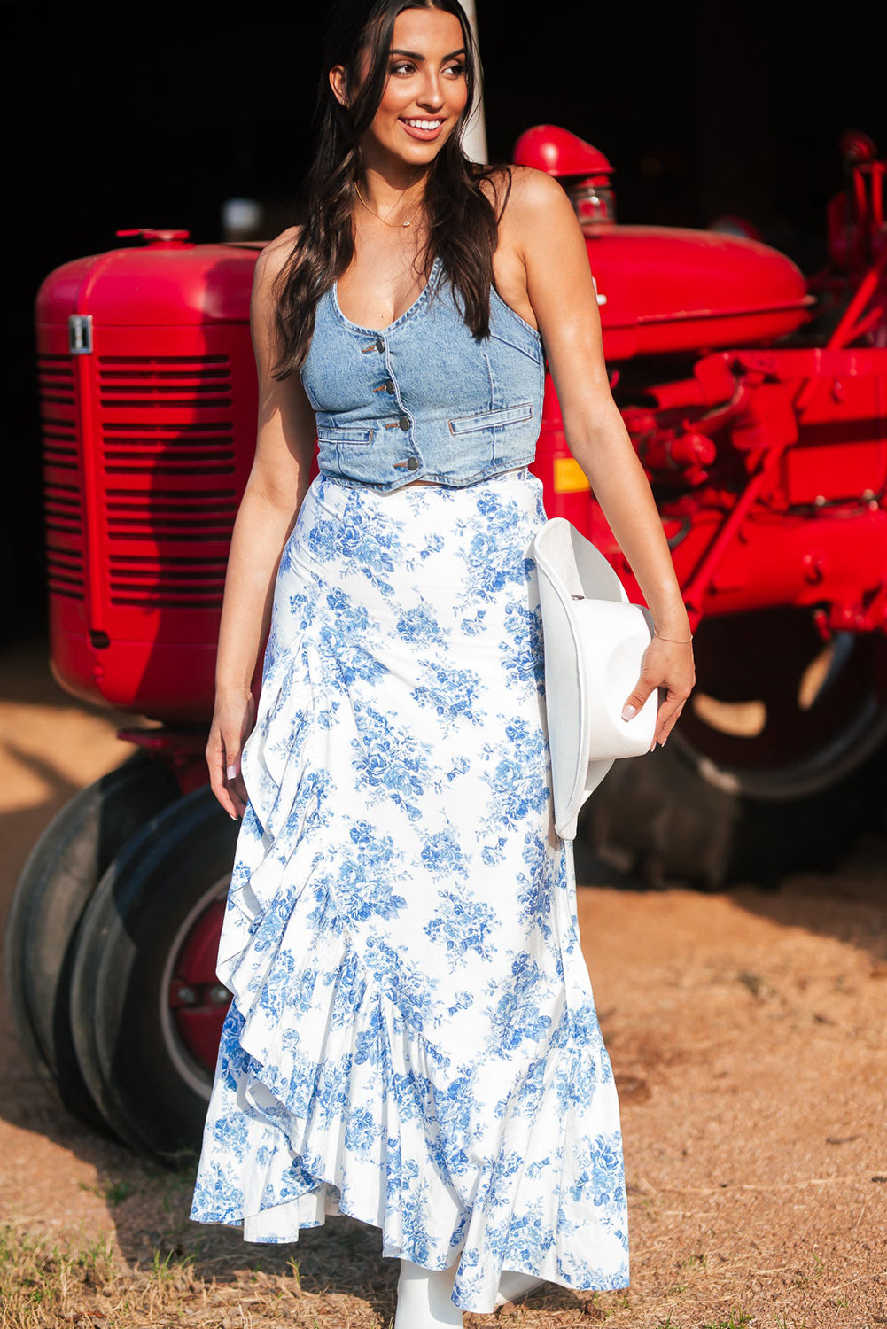 Stacey B's Sky Blue Boho Floral High Waist Ruffle Split Maxi Skirt