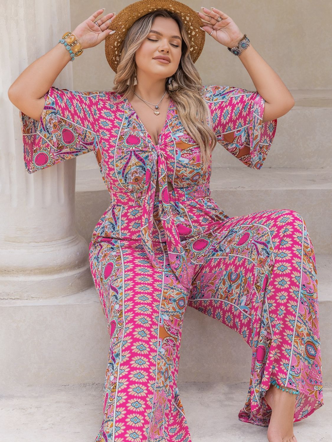 Stacey B's Printed Half Sleeve Wide Leg Jumpsuit