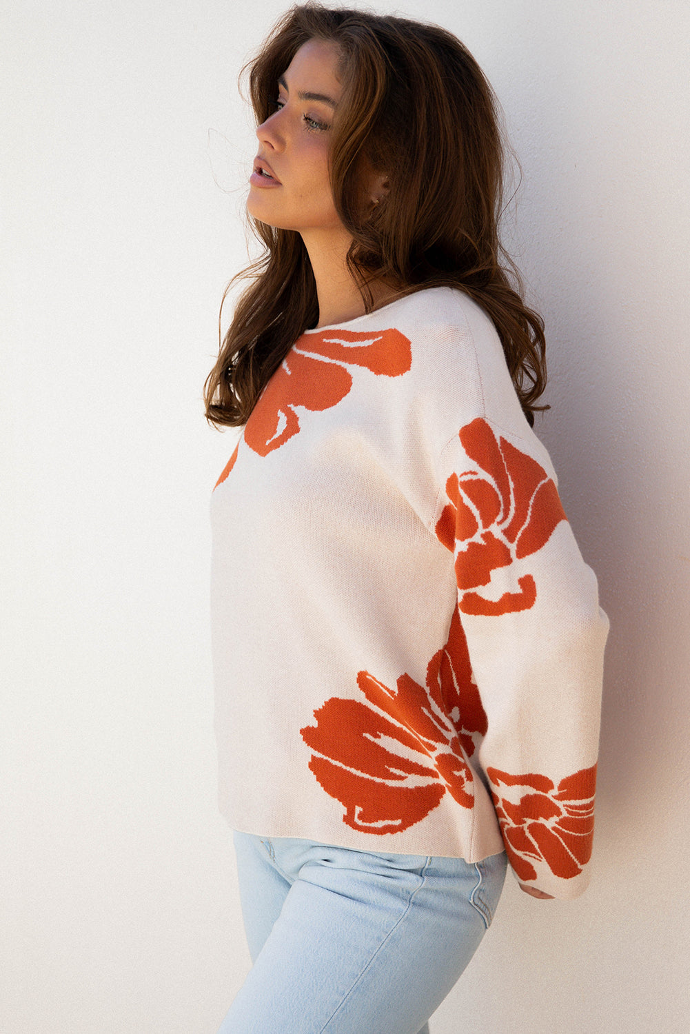 Stacey B's Beige Bold Flower Pattern Wide Sleeve Baggy Sweater