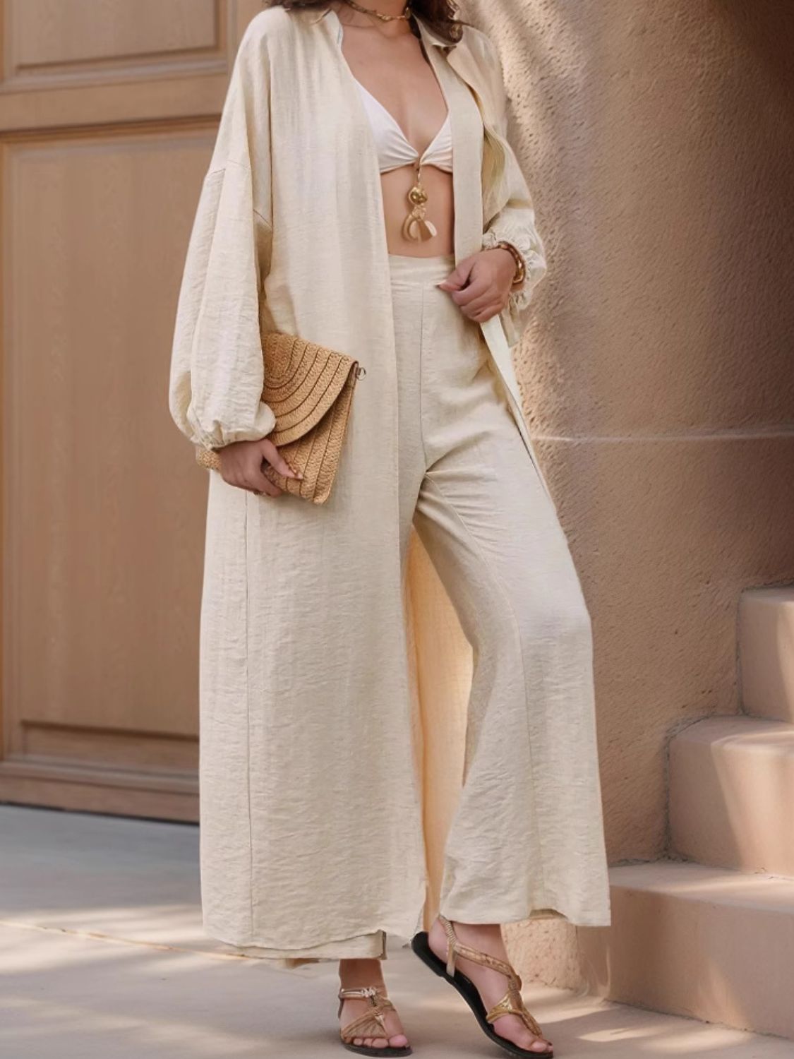 Stacey B's Open Front Balloon Sleeve Cardigan and Pants Set