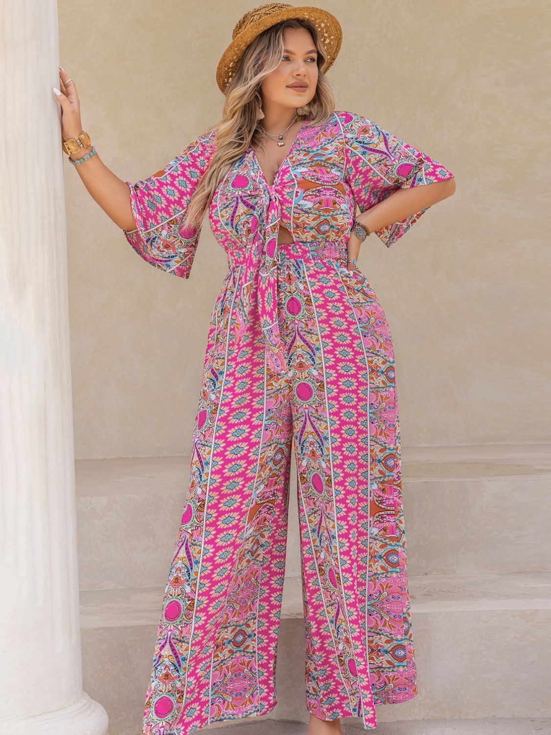Stacey B's Printed Half Sleeve Wide Leg Jumpsuit