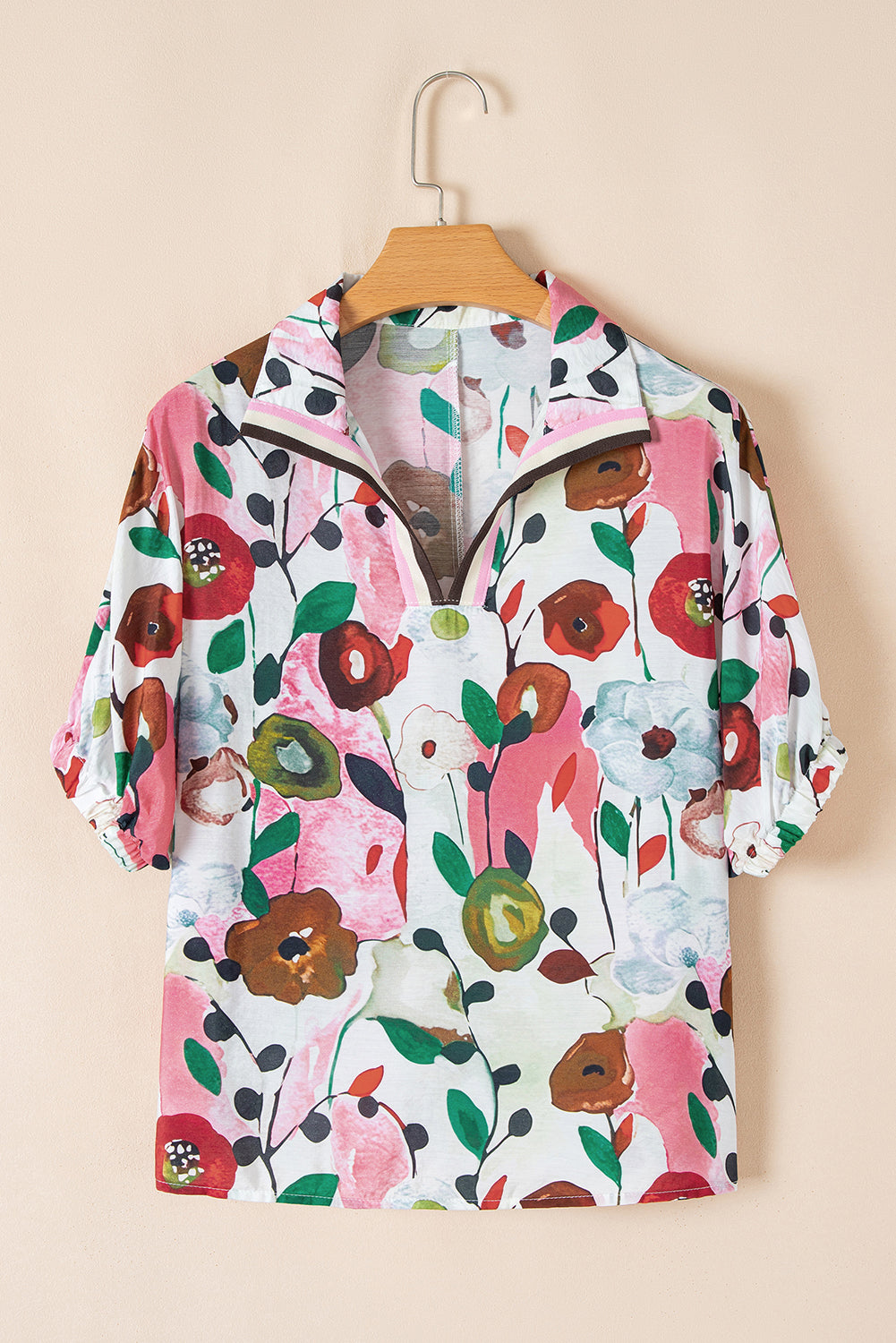 Stacey B's Pink Floral Print Slit V Neck Short Sleeve Blouse