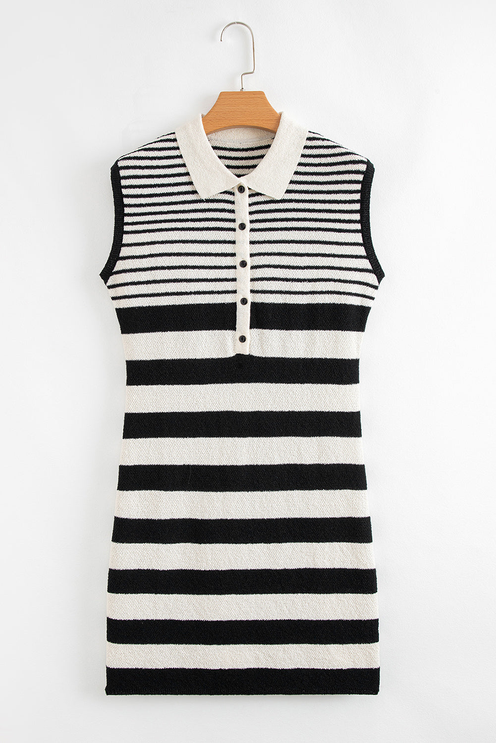 Stacey B's Black Mixed Striped Print Half Placket Collared Cap Sleeve Bodycon Sweater Dress