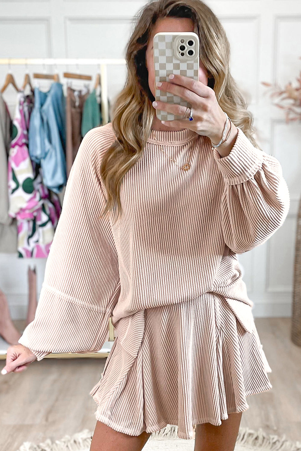 Stacey B's Jet Stream Corded Lantern Sleeve Pullover and Ruffle Mini Skirt Set