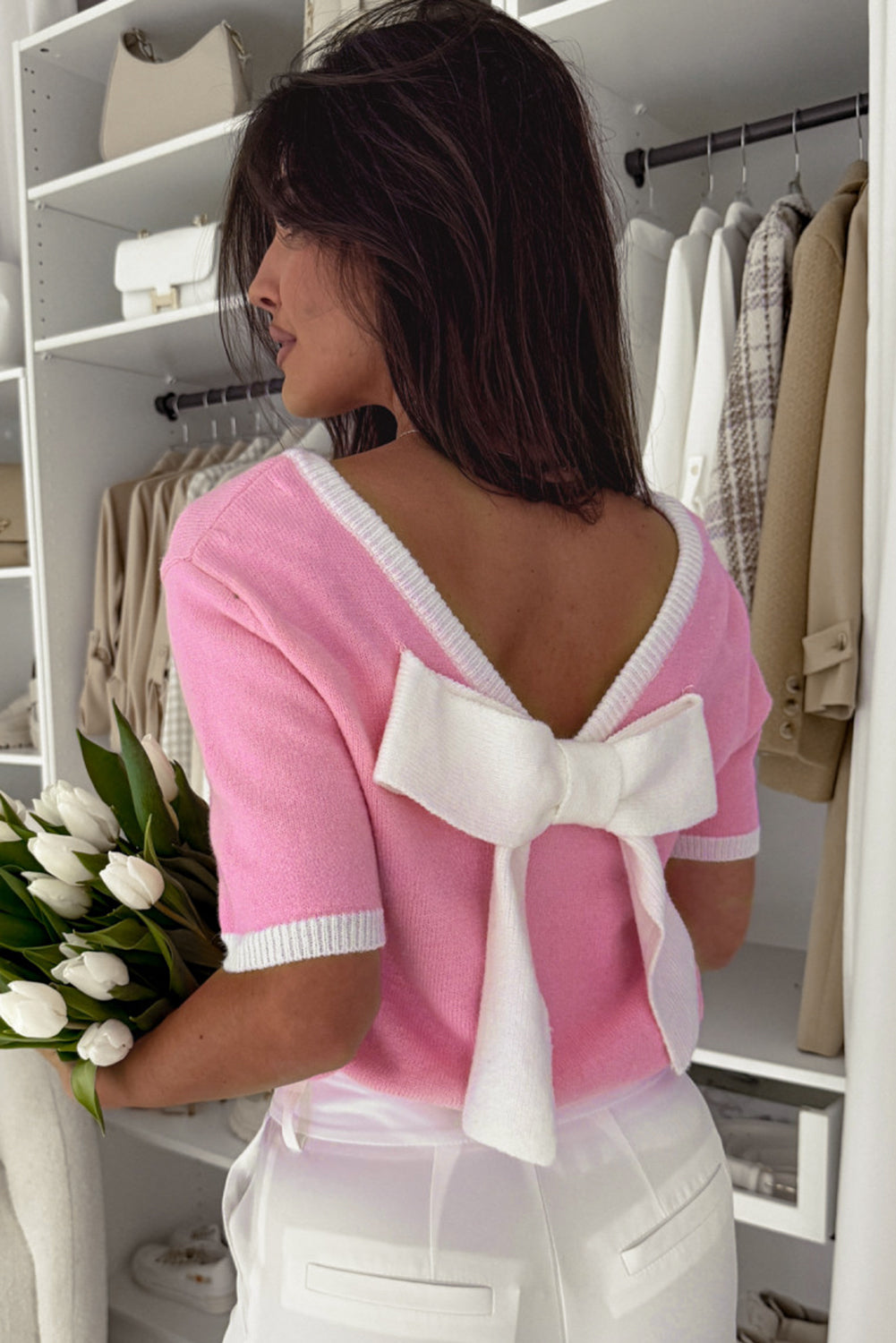 Stacey B's Bonbon Colorblock Bow V-Shape Cut Back Short Sleeve Sweater