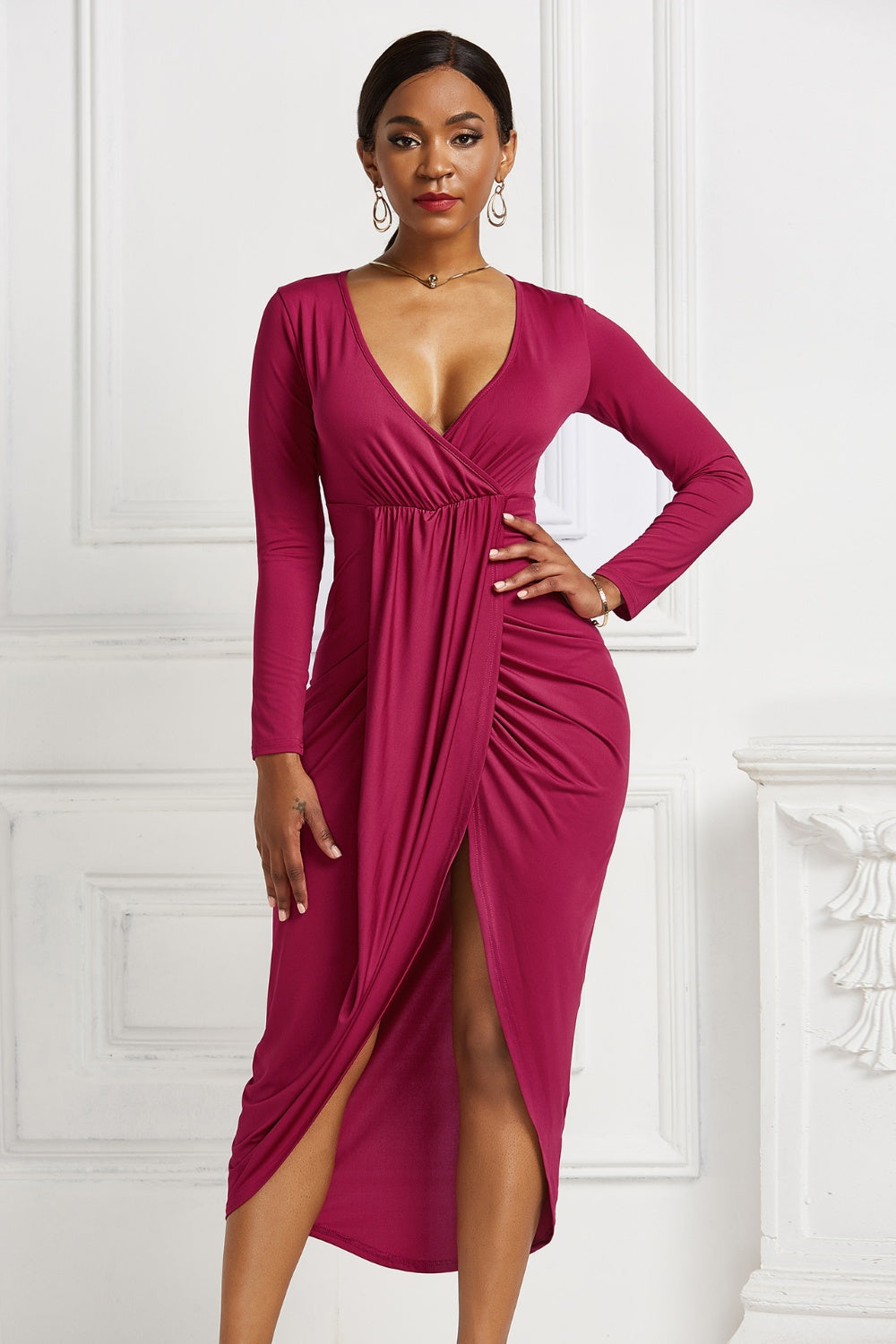 Stacey B's High-low Ruched Surplice Long Sleeve Dress