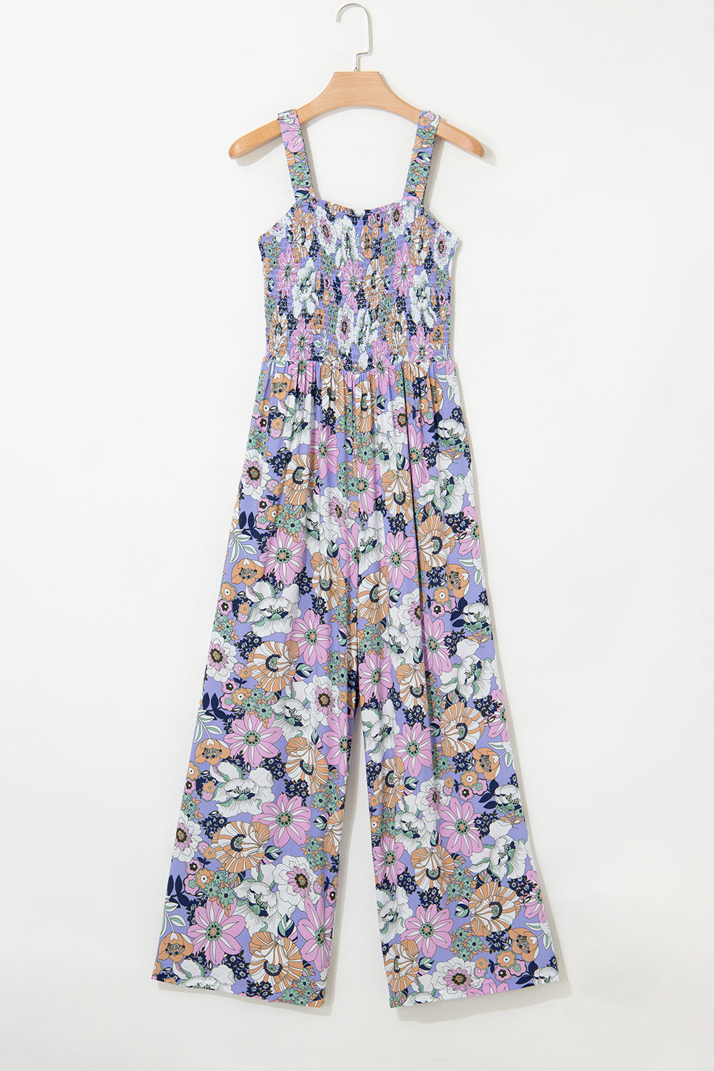 Stacey B's Purple Floral Print Smocked High Waist Square Neck Jumpsuit