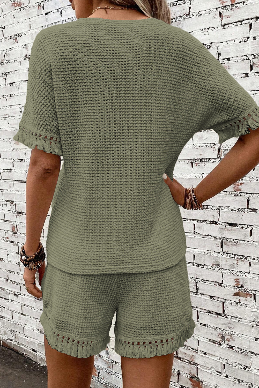 Stacey B's Beige Fringe Trim Waffle Knit Textured Shorts Set