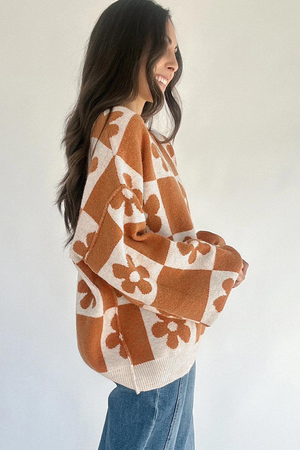 Stacey B's Black Flower Colorblock Checkered Henley Sweater