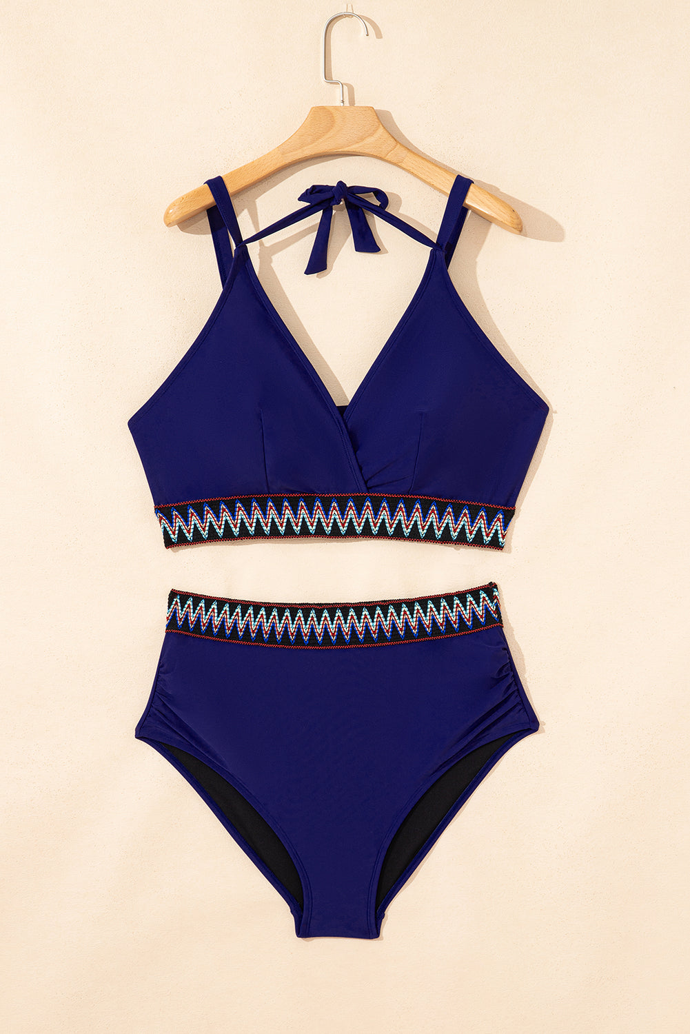 Stacey B's Navy Blue Embroidered Trim Wrap Tie Knot Plus Size High Waisted Bikini