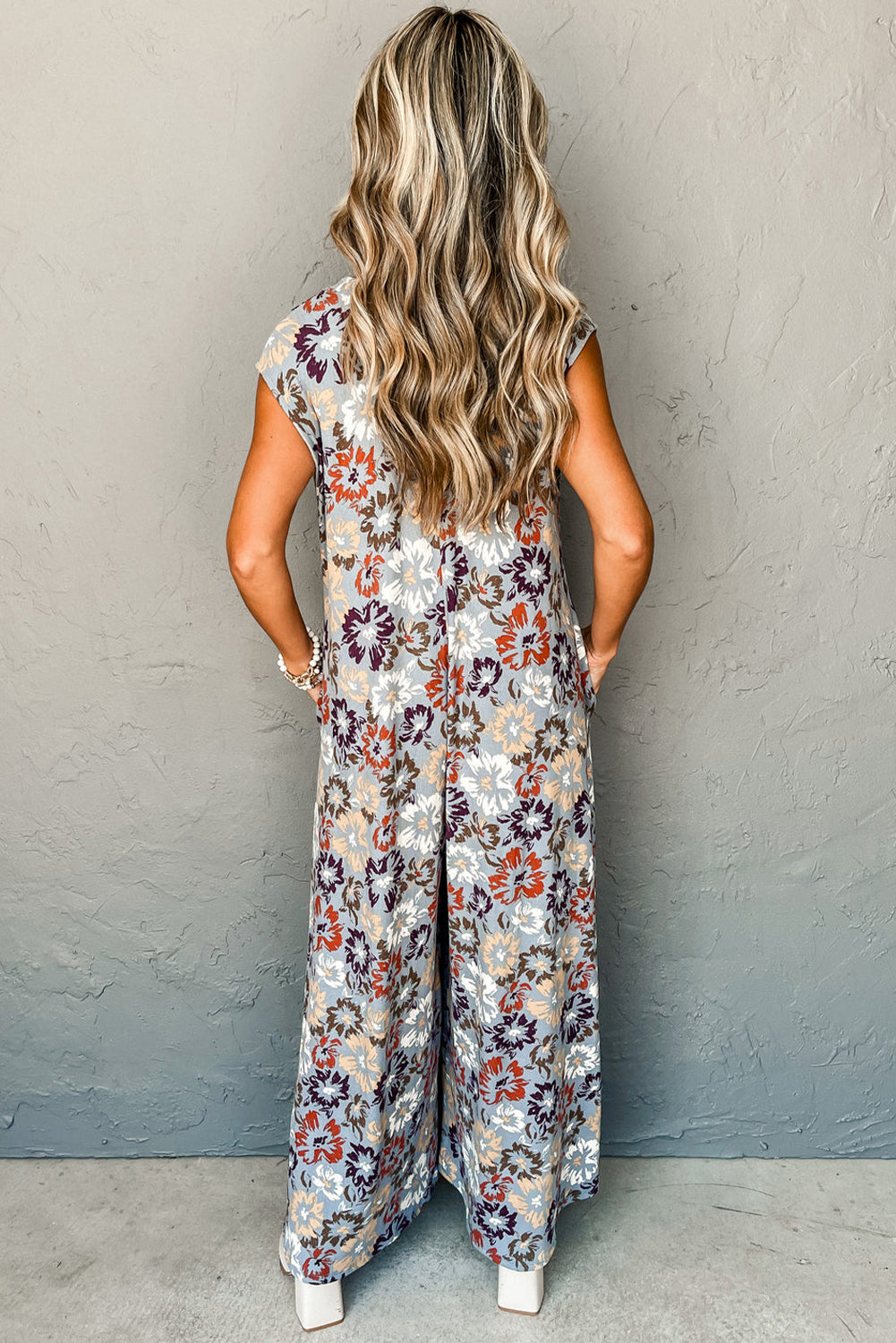 Stacey B's Sky Blue Floral Sleeveless Buttoned Pocketed Wide Leg Jumpsuit