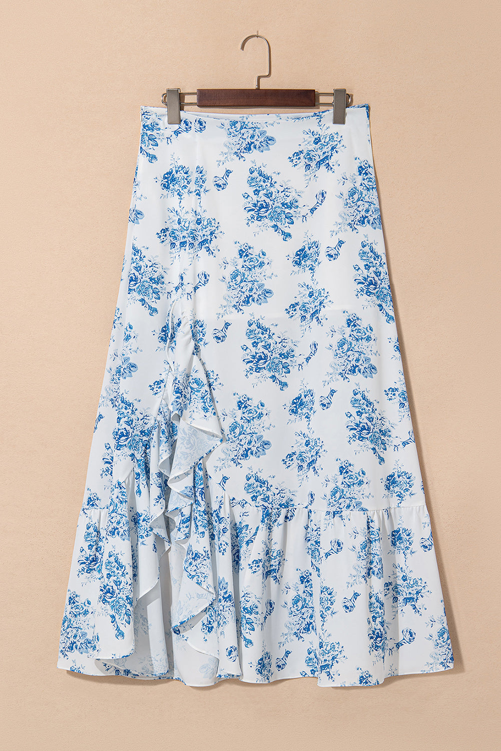 Stacey B's Sky Blue Boho Floral High Waist Ruffle Split Maxi Skirt