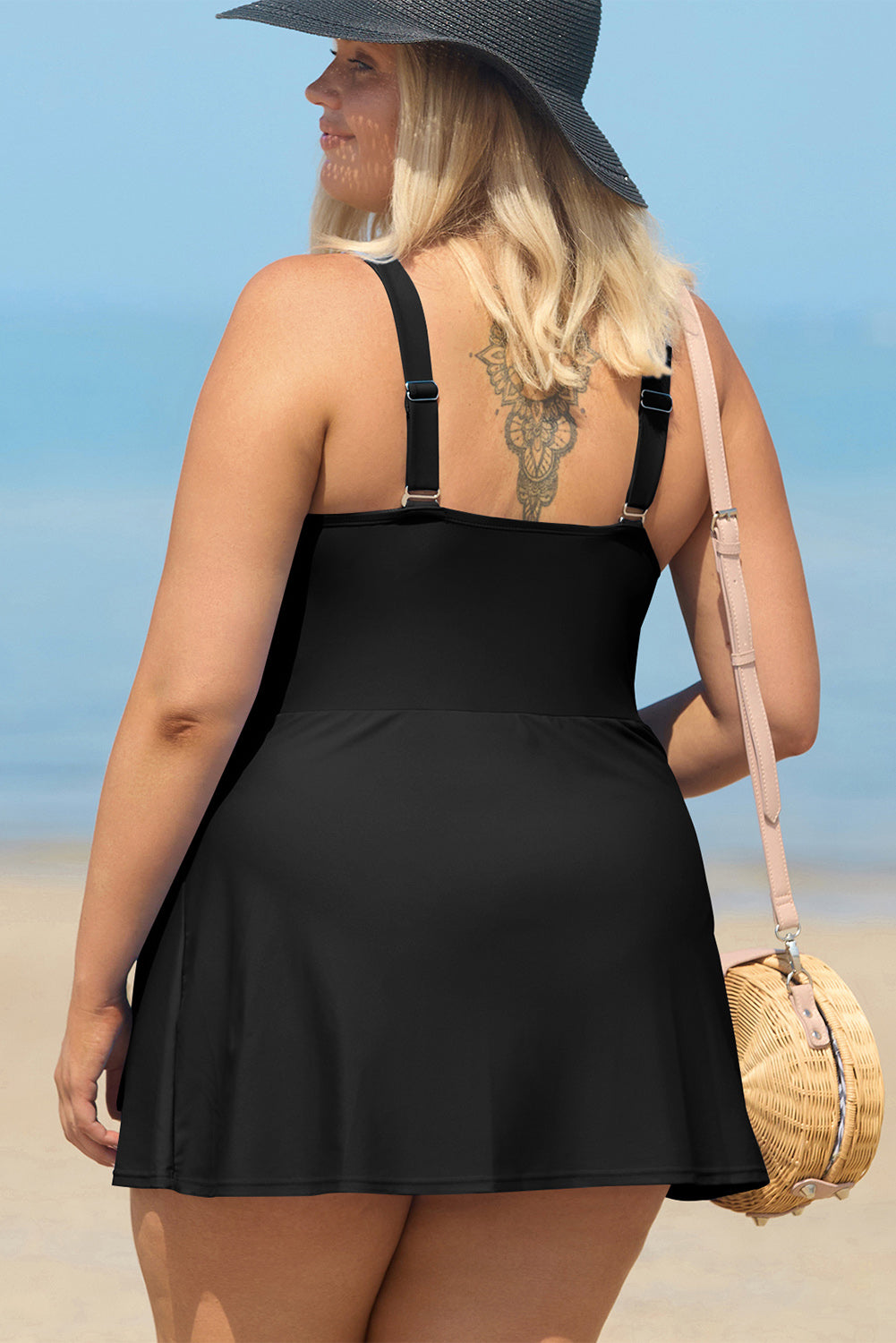 Stacey B's Black Solid Color Square Neck Knotted Plus Size One Piece Swimsuit