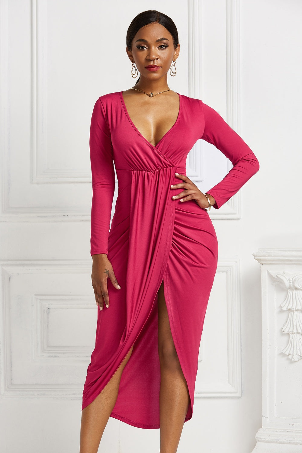 Stacey B's High-low Ruched Surplice Long Sleeve Dress