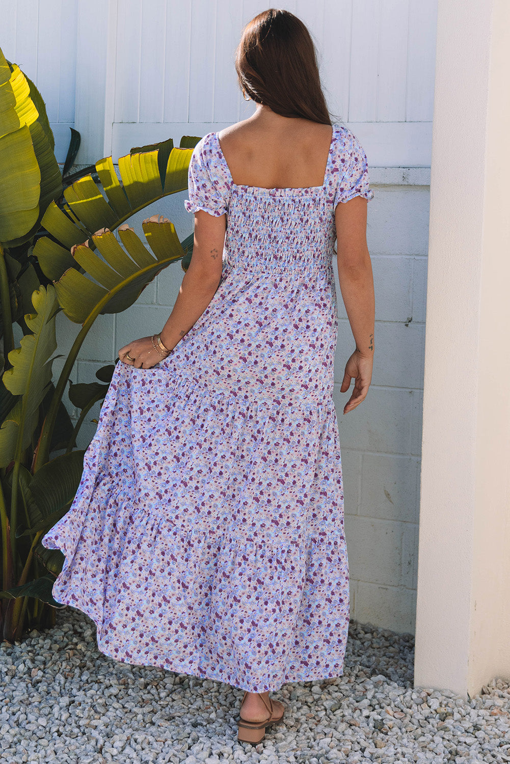 Stacey B's Purple Floral Short Bubble Sleeve Shirred High Waist Maxi Dress