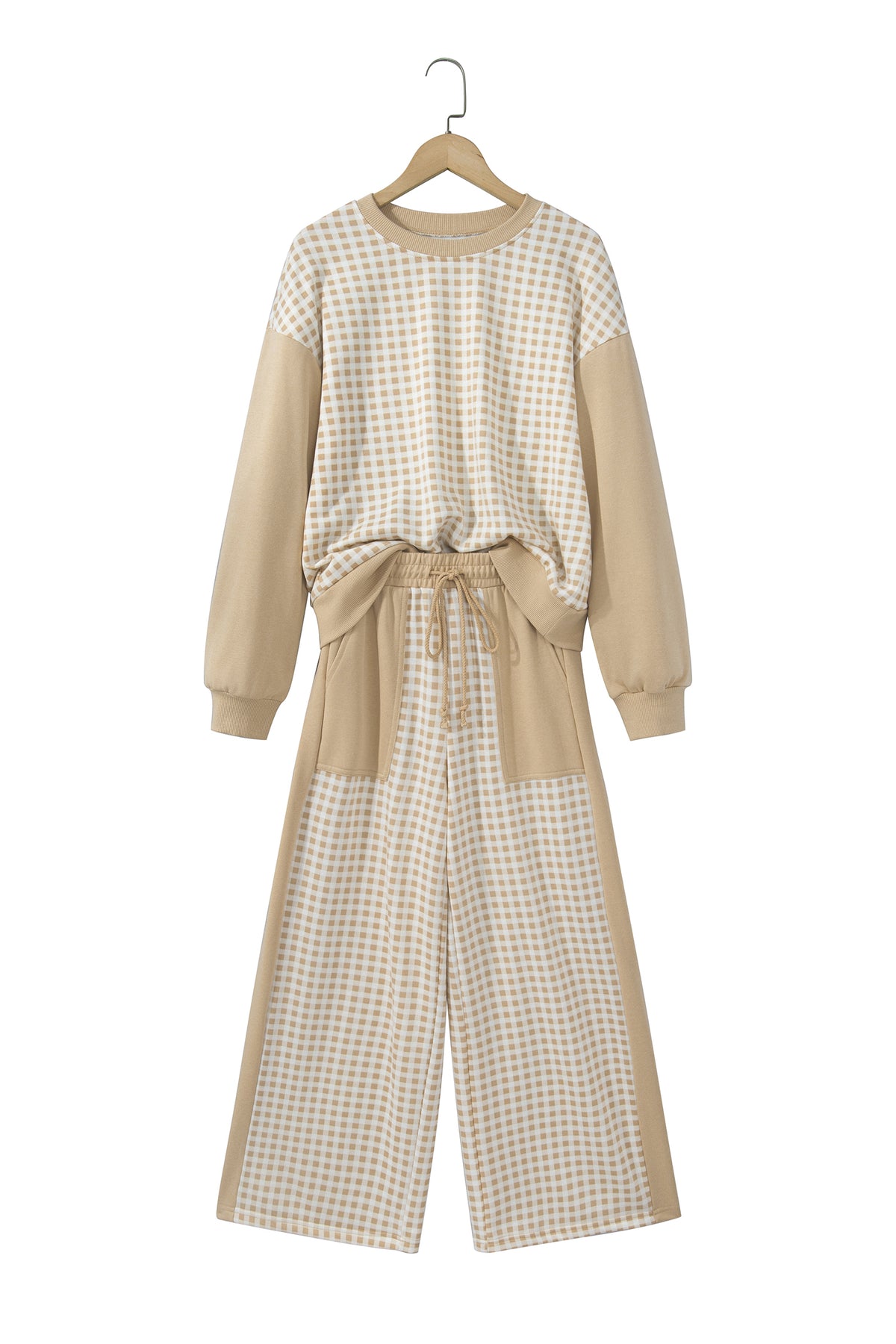 Stacey B's Brown Color Block Plaid Patchwork Long Sleeve Pullover Wide Leg Pant Set