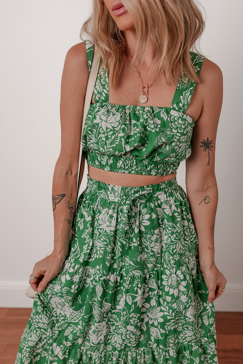 Stacey B's Green Floral Print Shirred Crop Top and High Waist Midi Skirt Set
