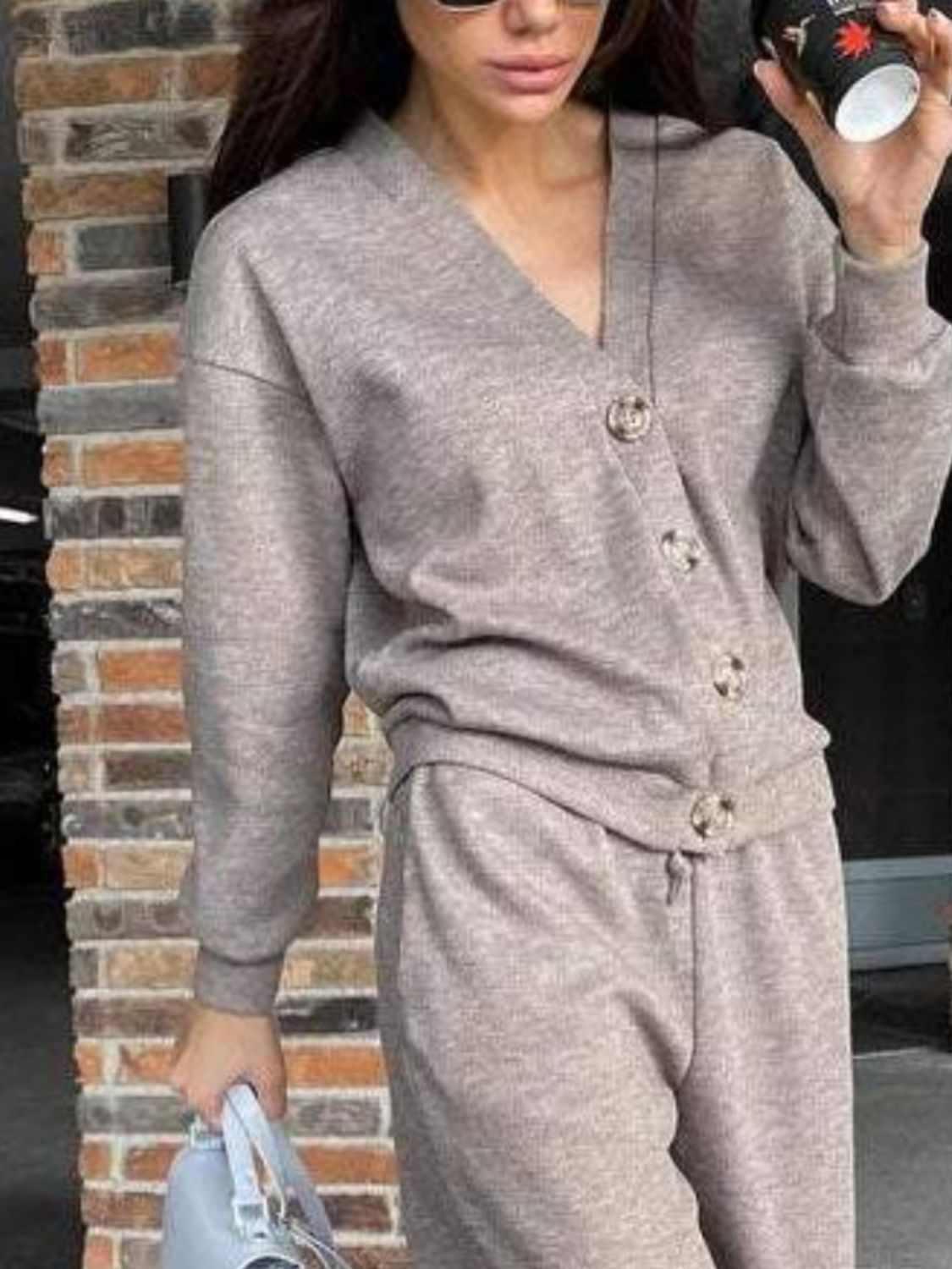 Stacey B's Full Size Button Up Long Sleeve Top and Pants Set