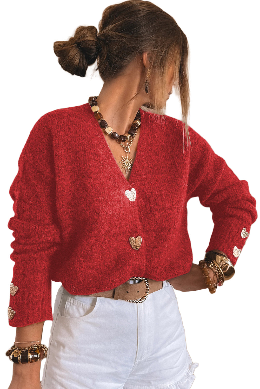 Stacey B's Fiery Red Heart Metal Button V Neck Cardigan Sweater