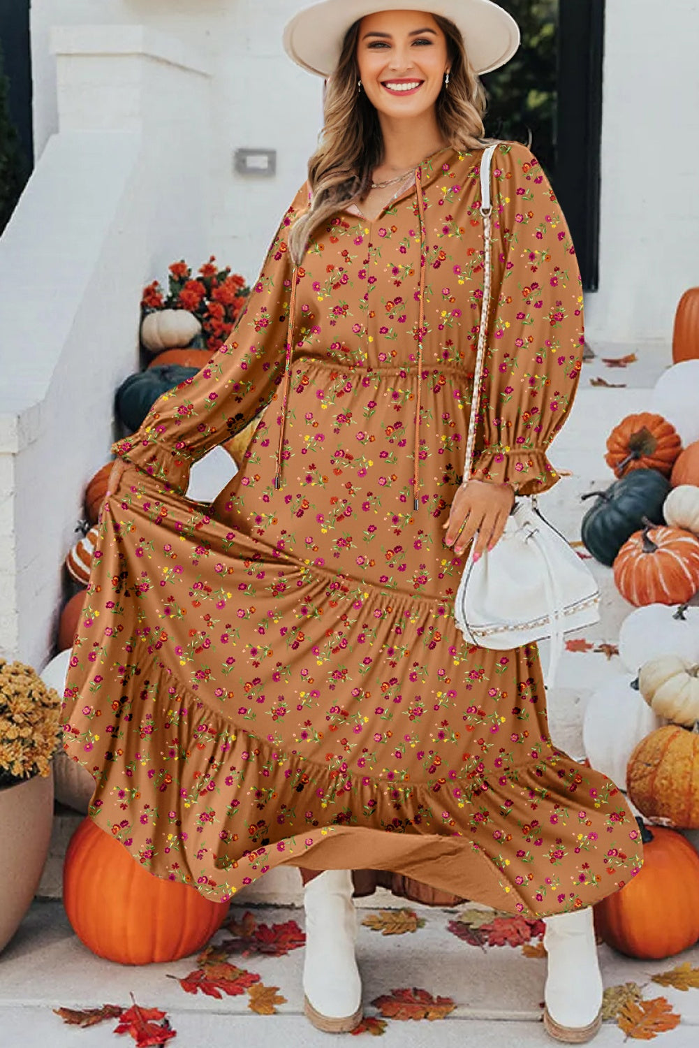Stacey B's Brown Plus Size Floral Split V Neck Ruffled Sleeve Tiered Maxi Dress