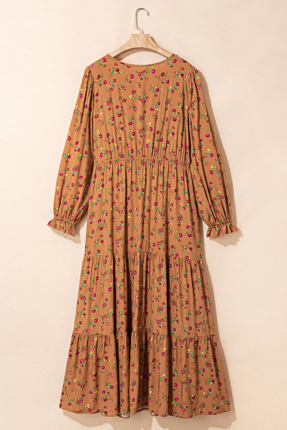 Stacey B's Brown Plus Size Floral Split V Neck Ruffled Sleeve Tiered Maxi Dress