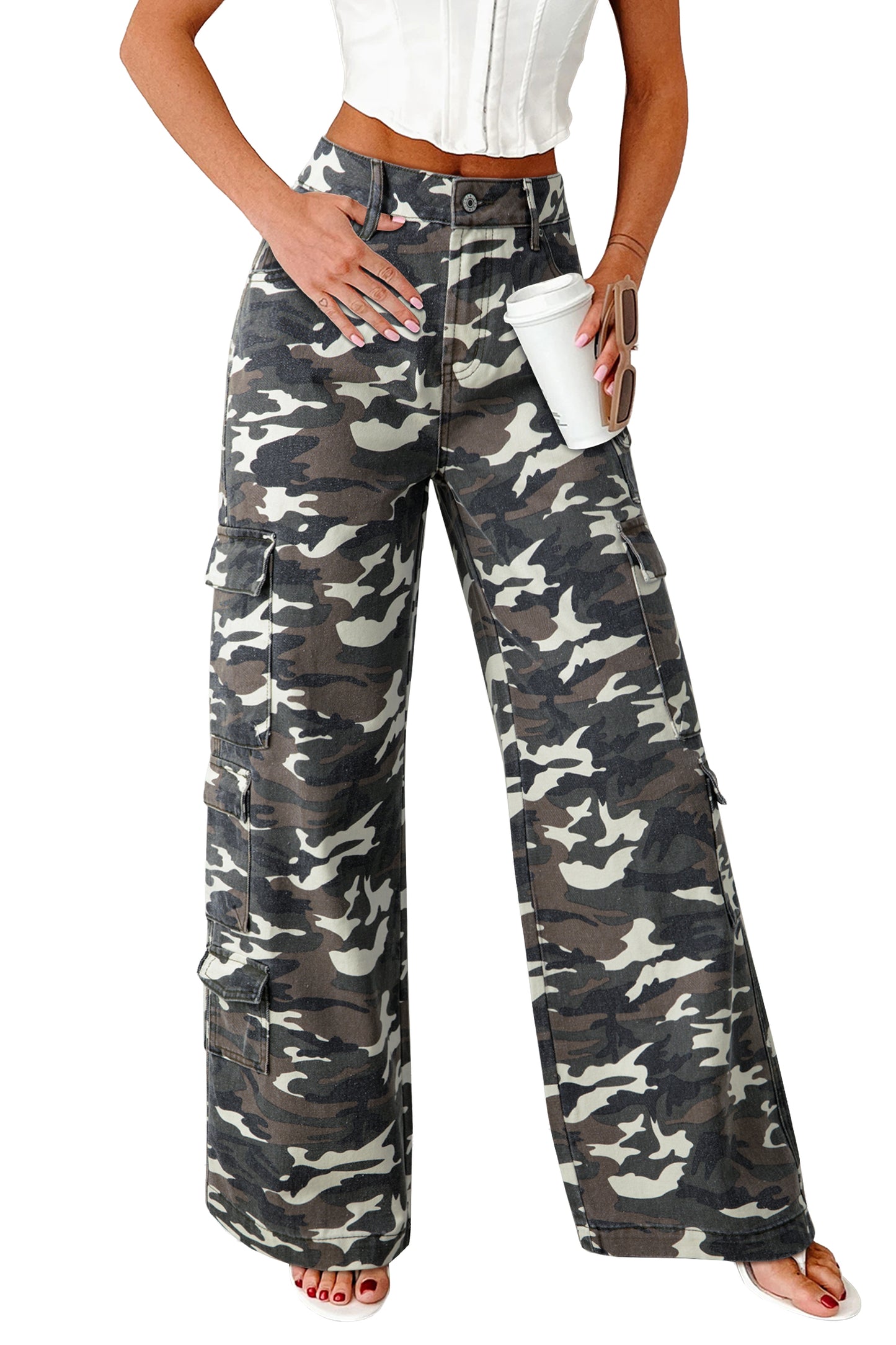 Stacey B's Green Camo Denim Cargo Wide Leg Pants