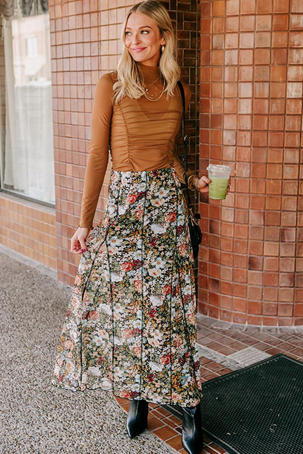 Stacey B's Brown Allover Floral Print Bohemian High Waist Maxi Skirt