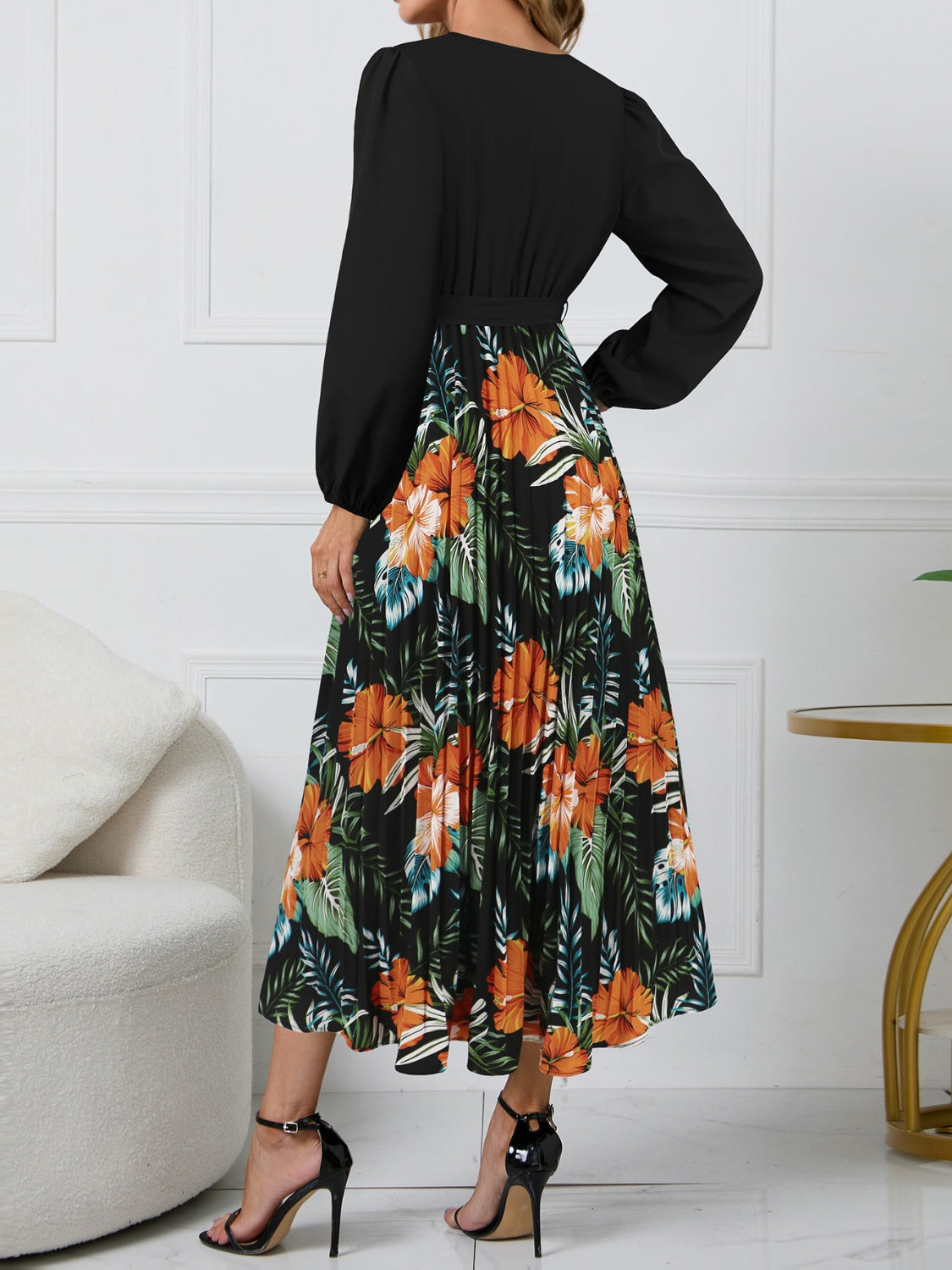 Stacey B's Pleated Printed Surplice Long Sleeve Dress
