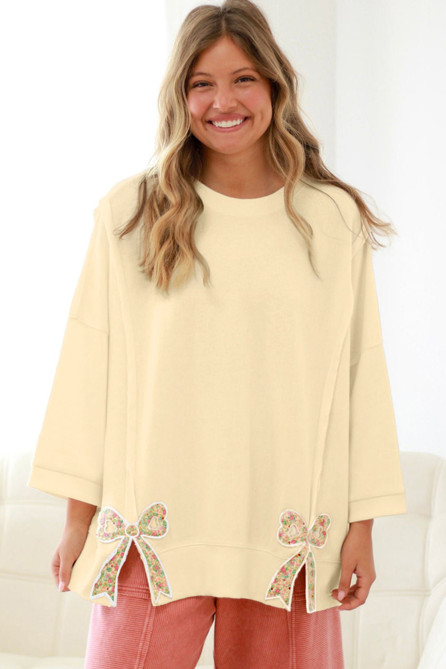 Stacey B's Beige Plus Size Raw Seam Detail Floral Bow Patched Baggy Pullover