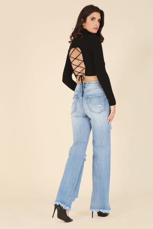 Stacey B's Mock neck lace-up open back top