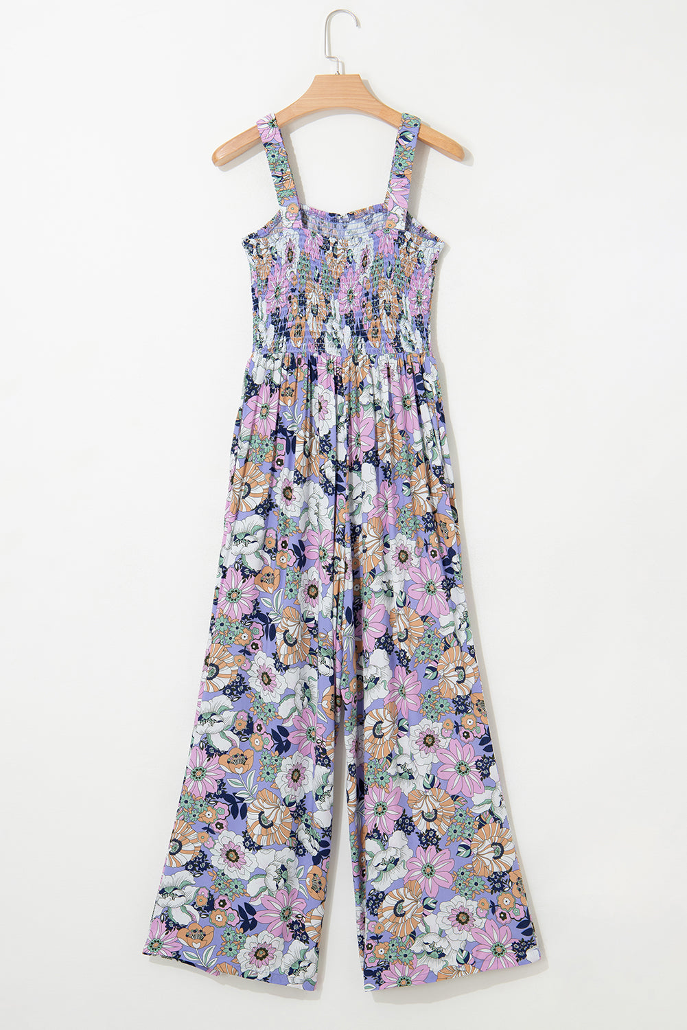 Stacey B's Purple Floral Print Smocked High Waist Square Neck Jumpsuit