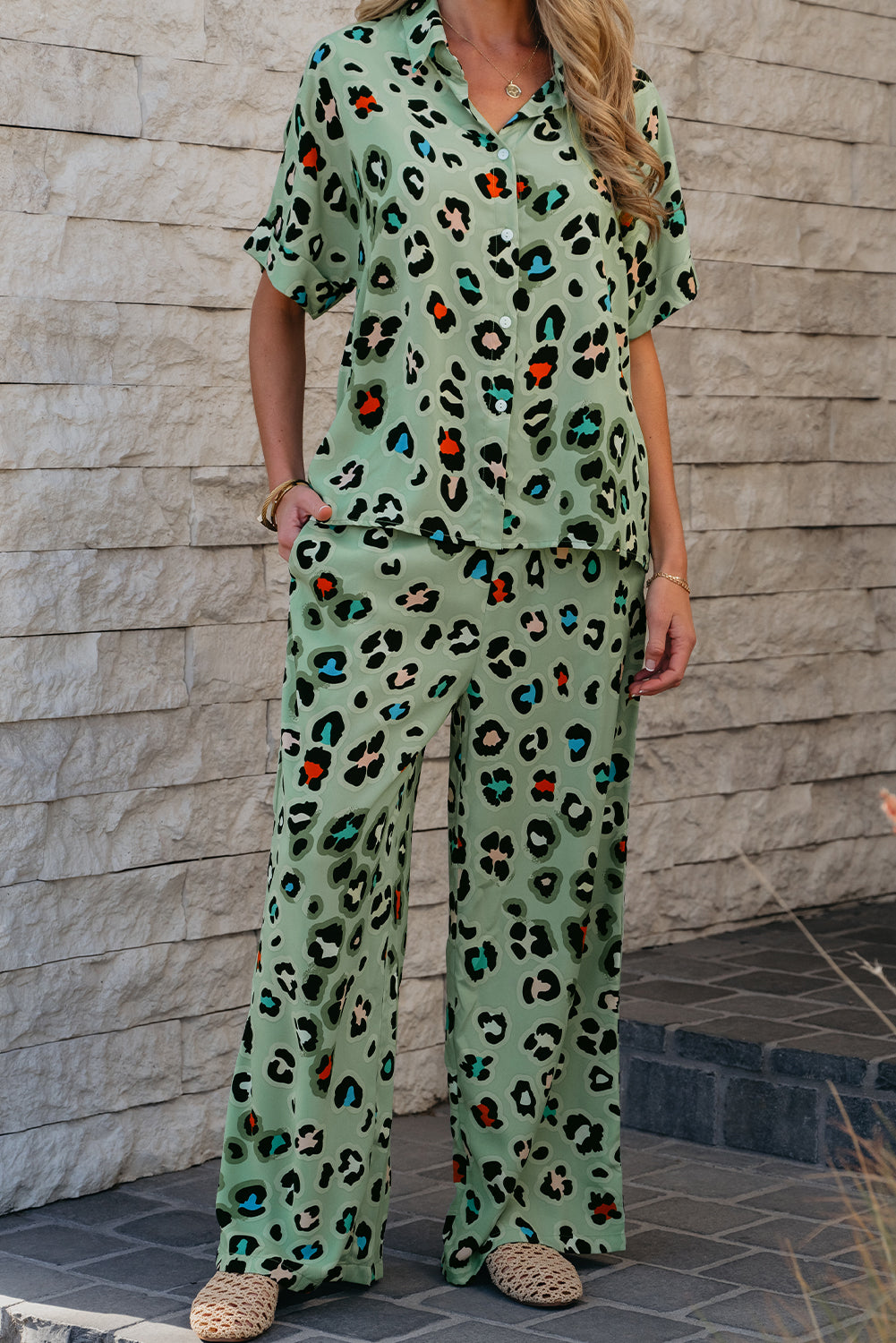 Stacey B's Green Leopard Print Short Sleeve Shirt and Wide Leg Pants Set