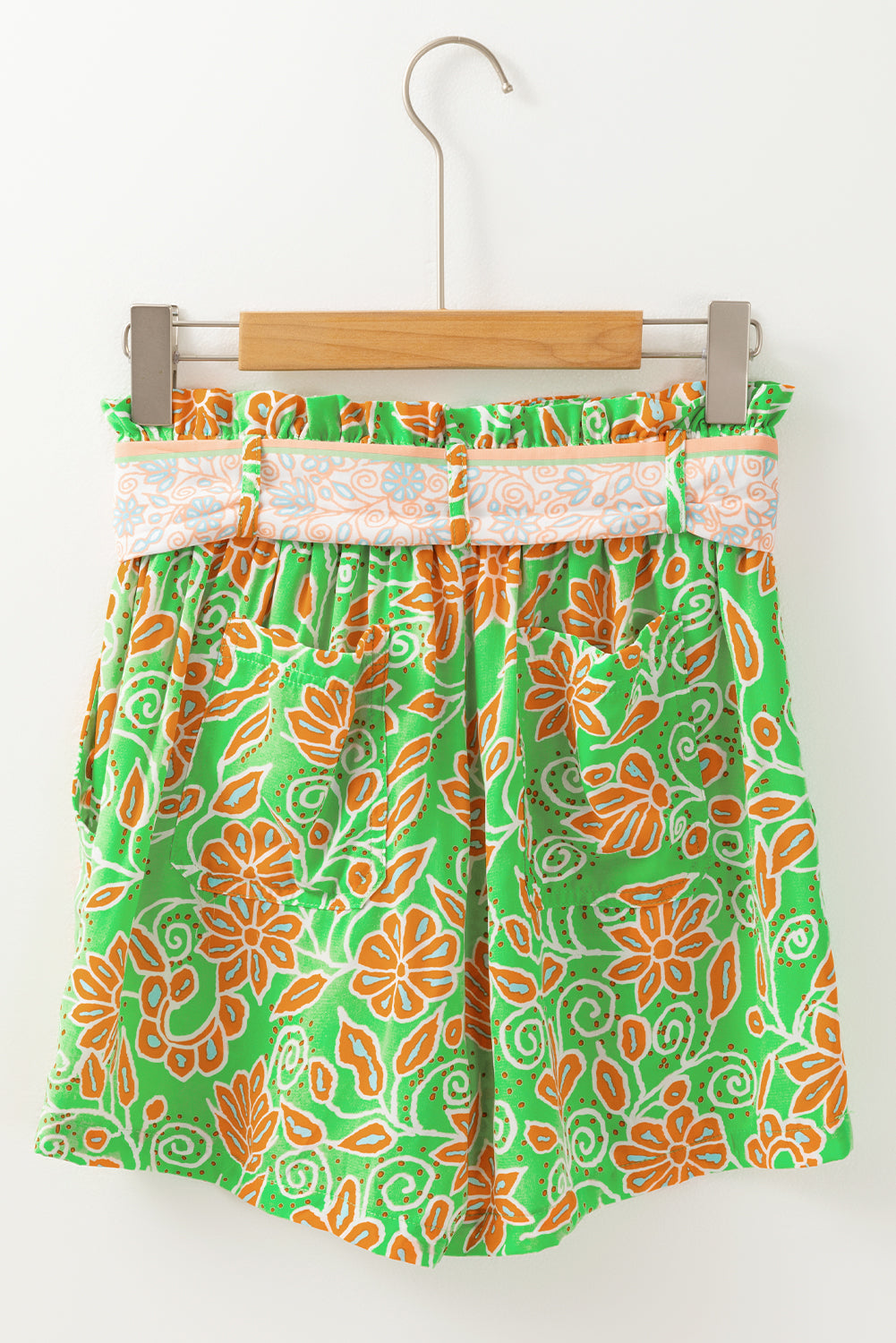 Stacey B's Green Floral Print Pocketed Front Knot High Waist Casual Shorts