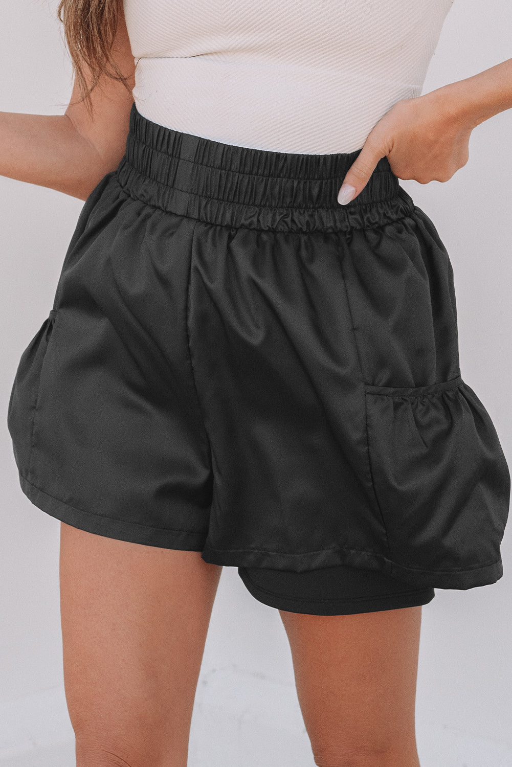 Stacey B's Black Elastic High Waist Pocketed Casual Shorts