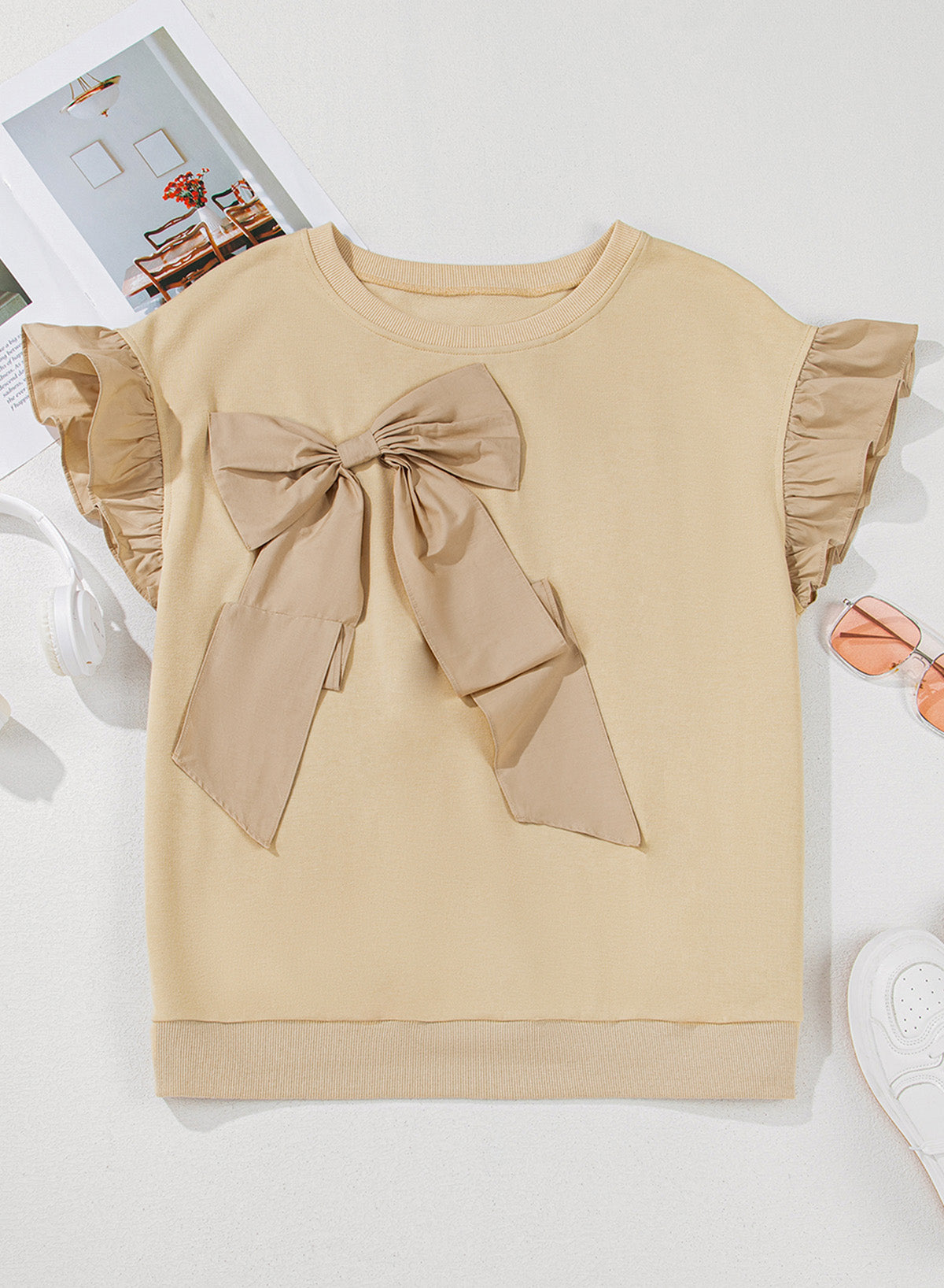 Stacey B's Parchment Ruffled Short Sleeve Bowknot Applique Crew Neck Plus Size Top