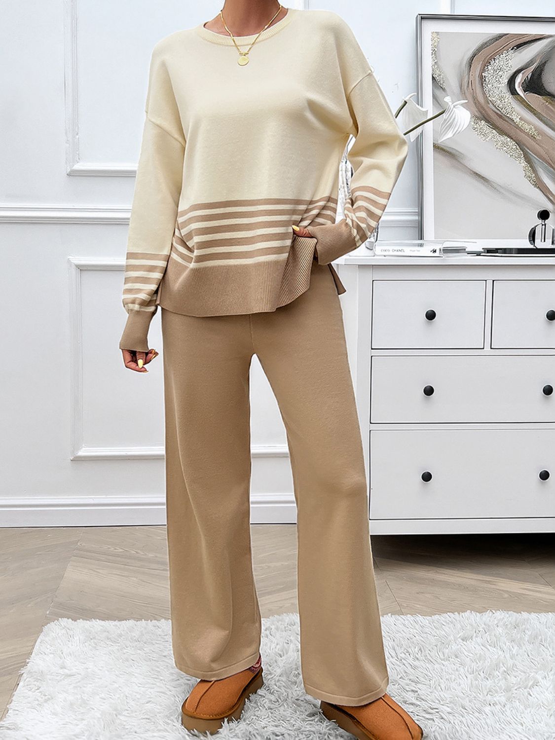 Stacey B's Devine Slit Striped Round Neck Top and Pants Sweater Set