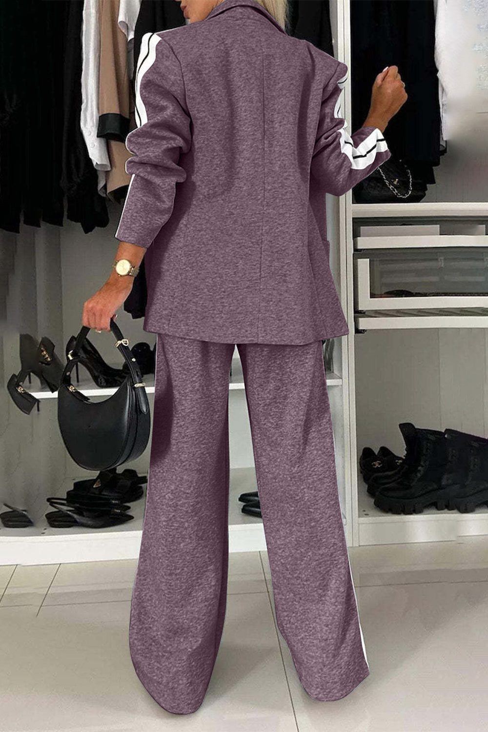 Stacey B's Full Size Contrast Lapel Collar Top and Pants Set