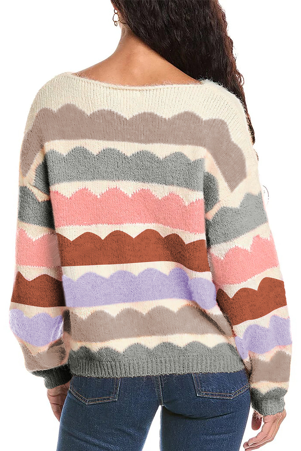 Stacey B's Gray Wave Striped Balloon Sleeve Drop Shoulder Sweater