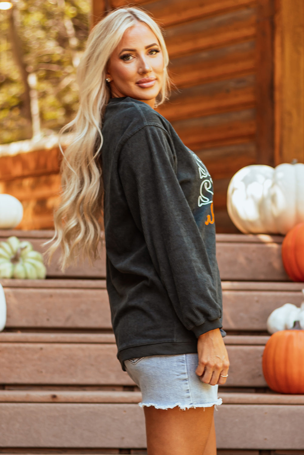 Stacey B's Dark Grey Halloween Pumpkin Spice Baby Graphic Textured Sweatshirt
