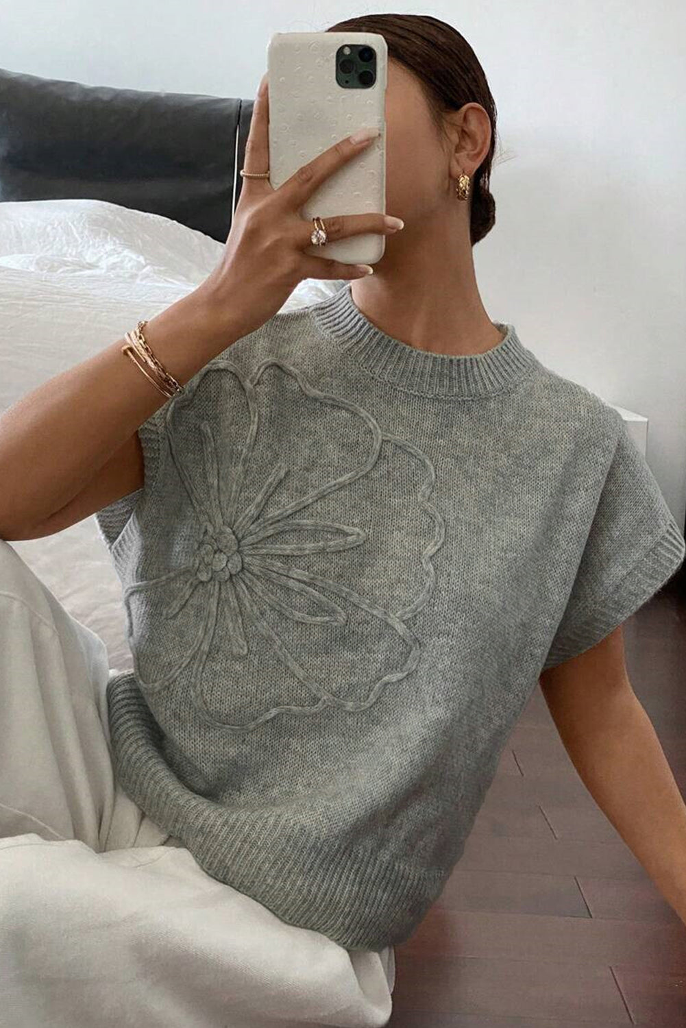 Stacey B's High Flower Pattern Ribbed Trim Short Sleeve Boxy Sweater