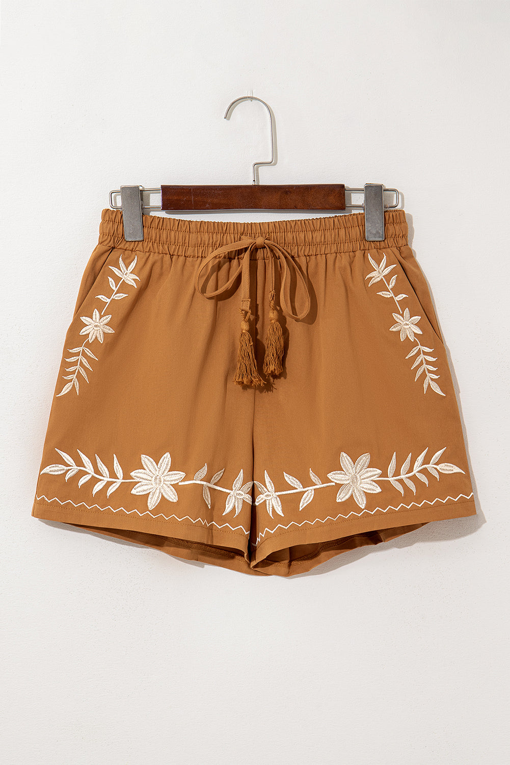 Stacey B's Khaki Embroidered Boho Tasseled Drawstring Elastic Waist Casual shorts