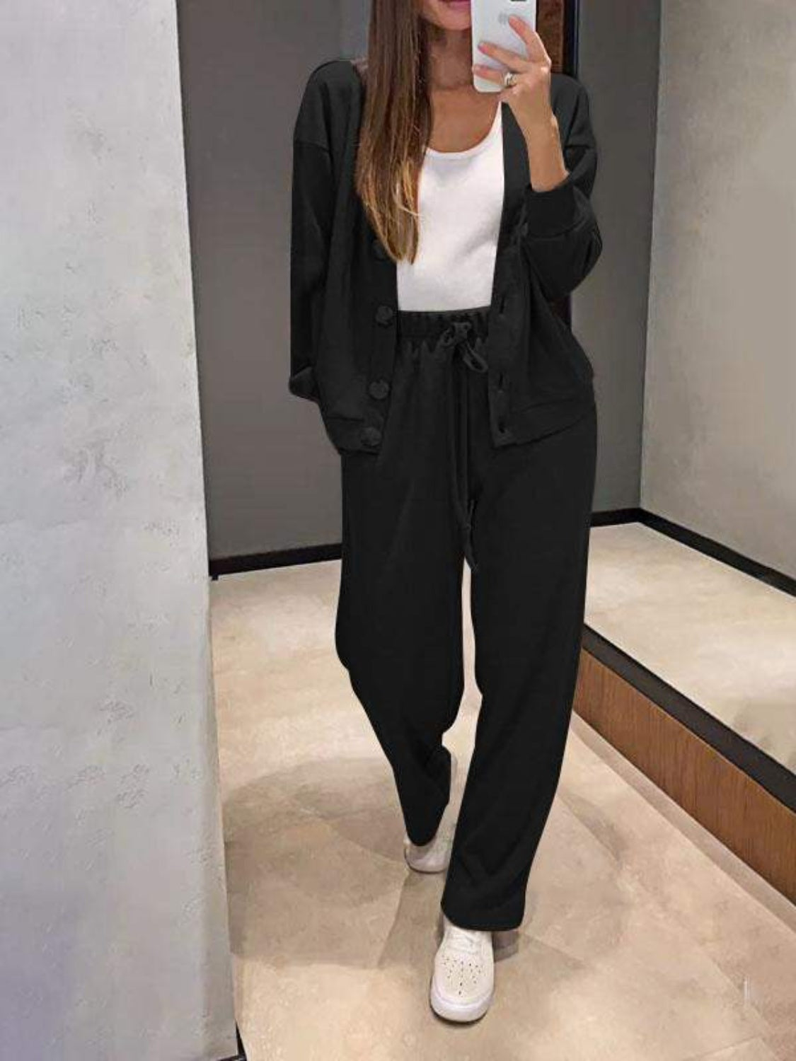 Stacey B's Full Size Button Up Long Sleeve Top and Pants Set