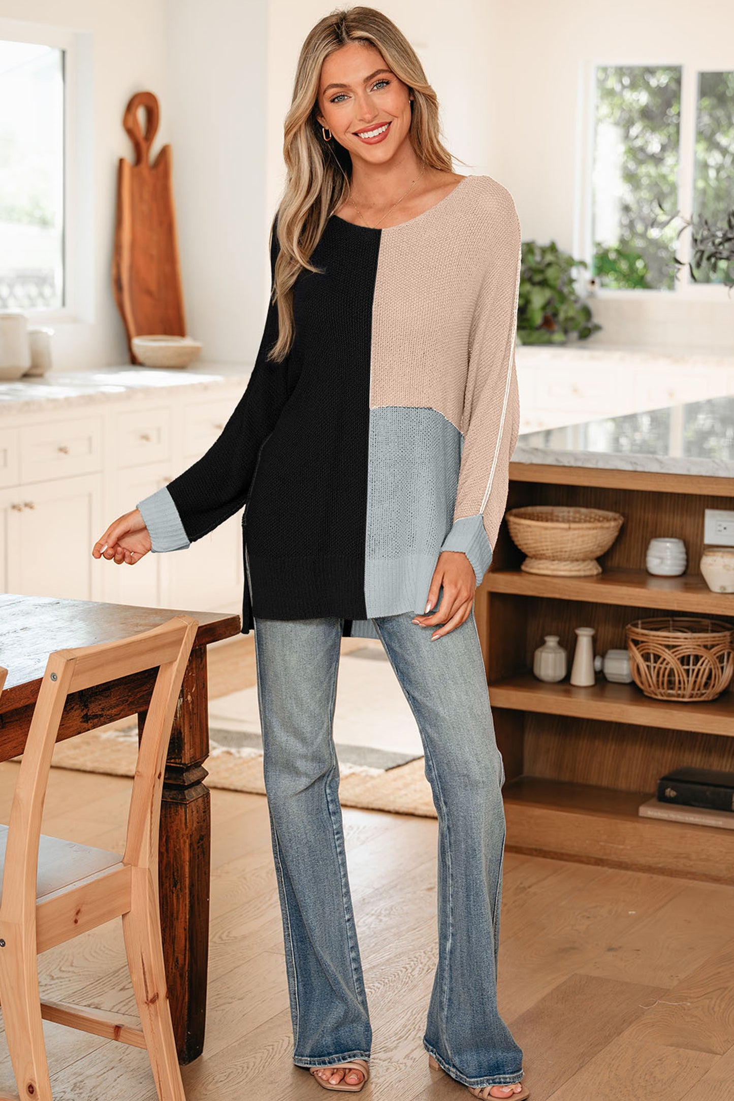Stacey B's Black Color Block Knit V Neck Loose Sweater
