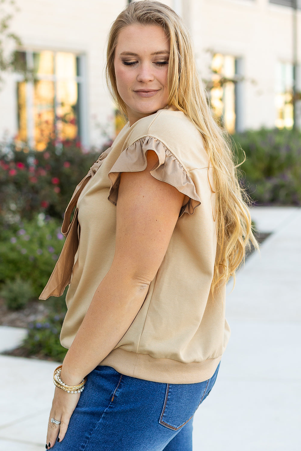 Stacey B's Parchment Ruffled Short Sleeve Bowknot Applique Crew Neck Plus Size Top